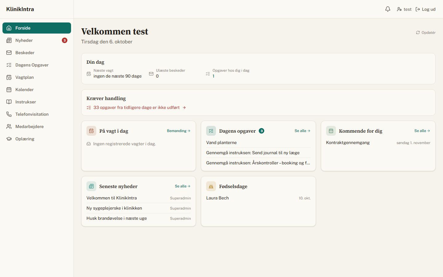 Screenshot af Klinikrum intranet til klinikken